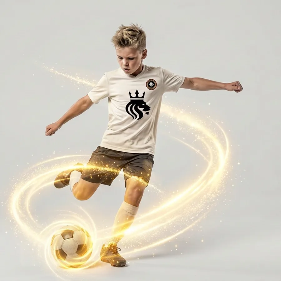 A young player in a white Royal Sporting shirt strikes a soccer ball.