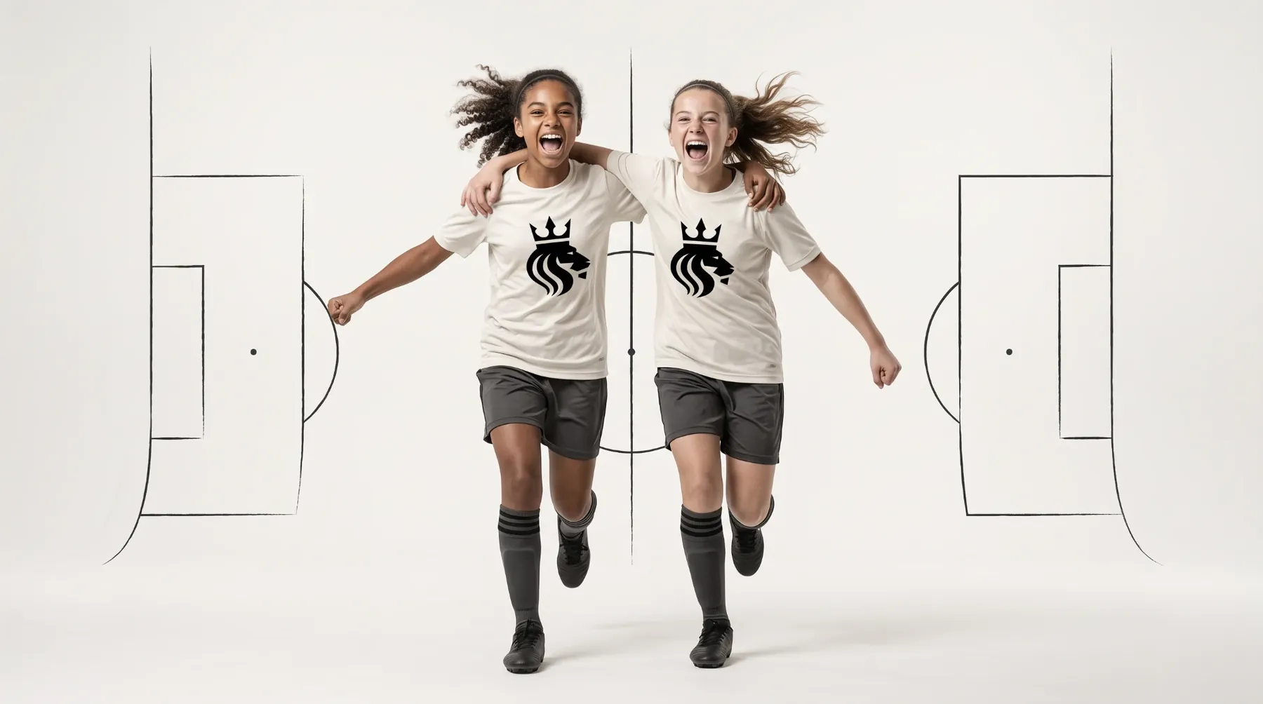 Two players in white Royal Sporting shirts run and celebrate arm in arm in front of a sketched soccer field.